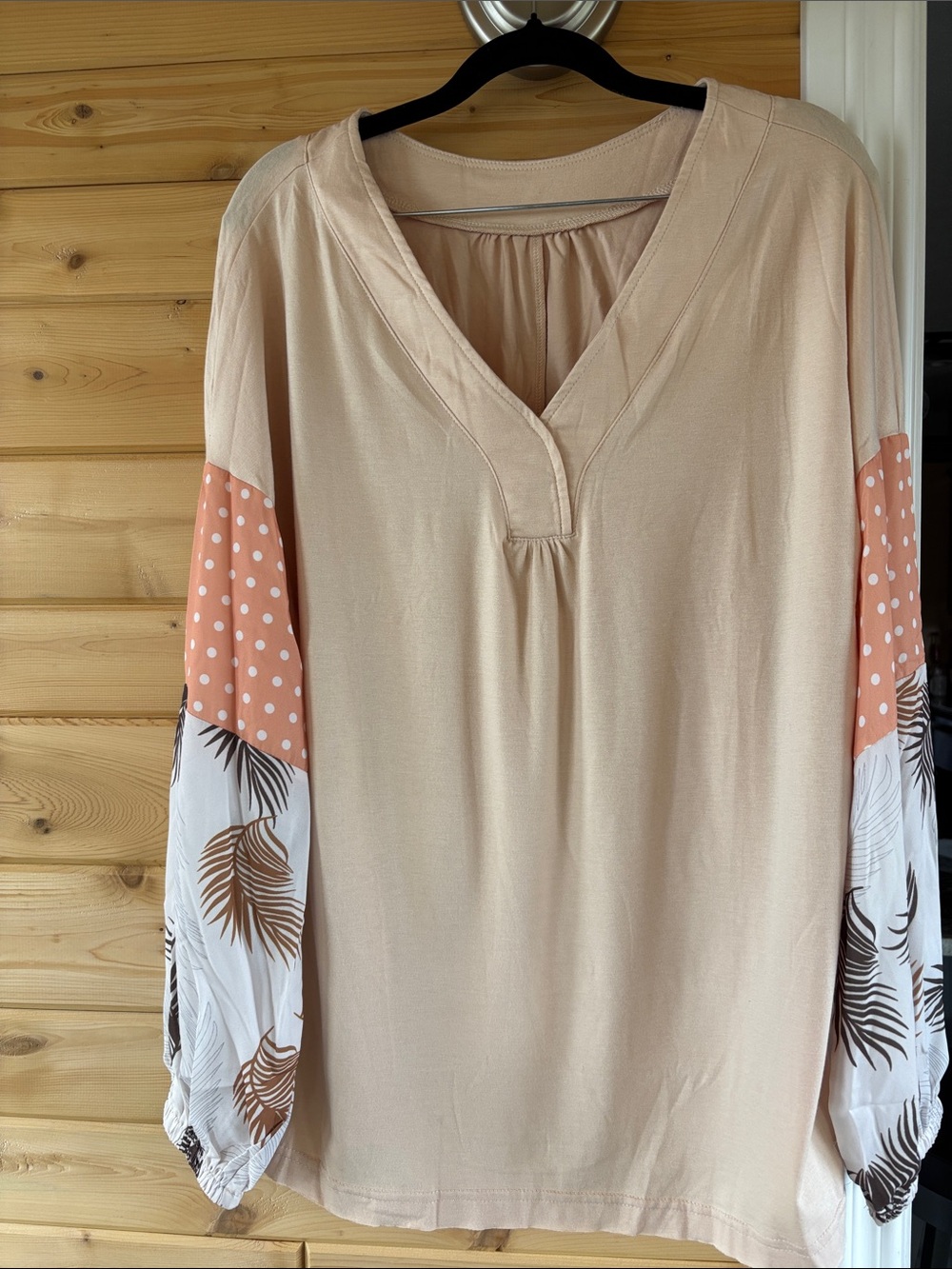 Women's Cream V-Neck Blouse with Printed Sleeve Detail